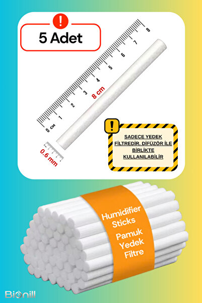 5 Adet Pamuk Çubuk Filtre-Humidifier-Hava Nemlendirici Buhar Makinesi - Difüzör Yedek Filtresi- (Sadece Filtre)