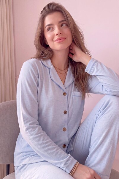 Pijamaevi Baby Blue Salonic Front Buttoned Long Sleeve Knitted Women's Pajama...