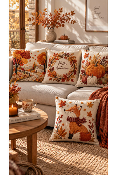 Nari Collections Sonbahar Masalı 4’lü Kırlent Kılıfı Seti – 43x43 cm Çift Tar...