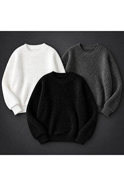 threeoff Set of 3 Men's Crew Neck Knitwear Sweater High Neck Long Sleeve Casu...