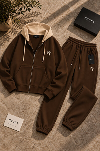 FECCY Premium Unisex Printed Hooded Zippered Cardigan Tracksuit Set 3 Thread ...