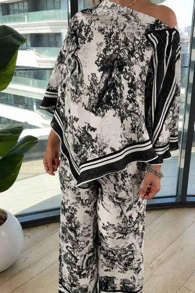 BRGCLOTHING Shawl Blouse Trousers Silk Satin Set
