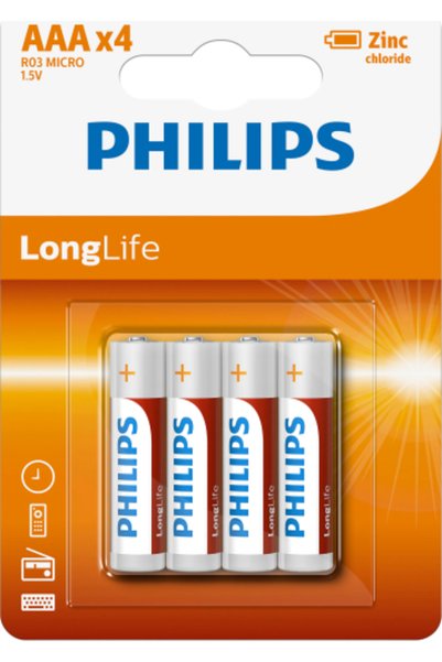 Philips Set 4 baterii AAA, R3, Long Life, Philips, PH-R03L4B/10, L102268