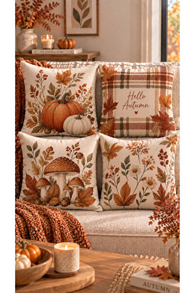 Nari Collections Sonbahar Bahçesi 4’lü Kırlent Kılıfı Seti – 43x43 cm Çift Ta...