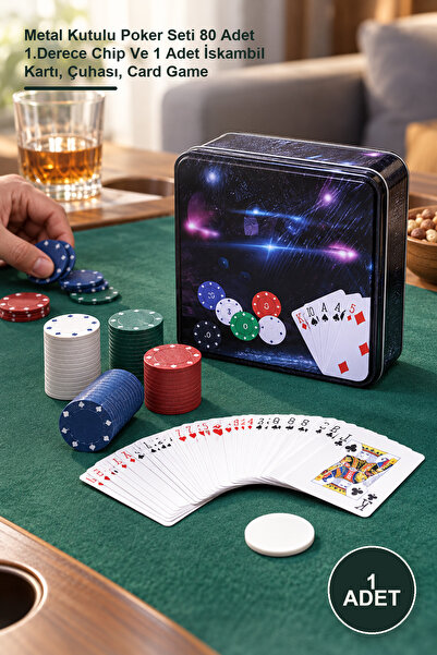 1 Adet Poker Oyunu – Metal Kutulu Poker Seti 80 Adet 1.Derece Chip Ve 1 Adet İskambil Kartı, Çuhası, Card Game