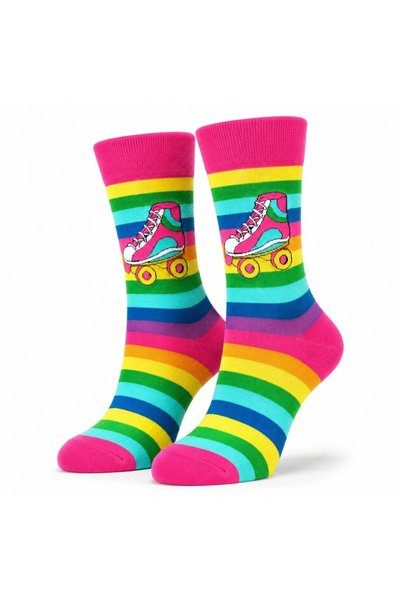Şerife Hanım Rainbow Striped Retro Skate Patterned Socks Cotton Seamless Toe 36-40 Size Long Socks