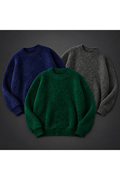 threeoff Set of 3 Men's Crew Neck Knitwear Sweater High Neck Long Sleeve Casu...
