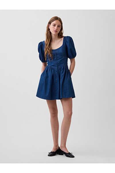 GAP Kadın Mavi Denim Puff-Sleeve Kalp Yaka Mini Elbise