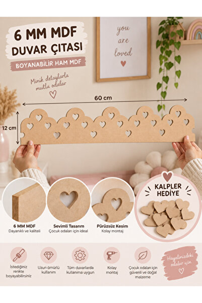 Boncukafası 6 mm MDF Duvar Çıtası Çocuk Odası Bordür Kalpli Dekoratif Duvar P...