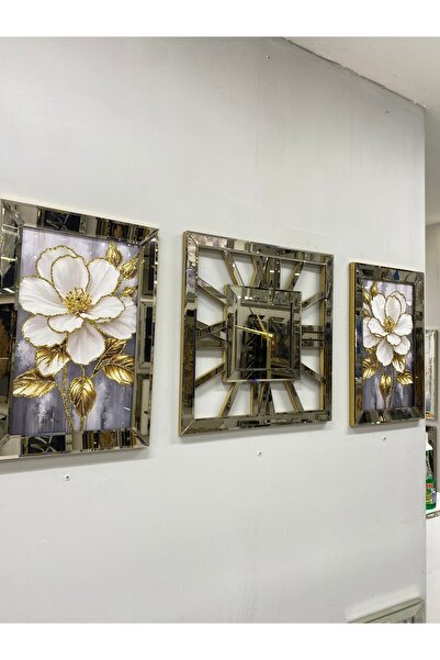 Genel Markalar KARE SAAT İKİ ADET TABLO 3LÜ SET 40x60CM TABLO 60X60CM SAAT BRONZ