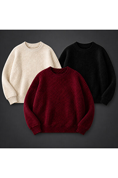 threeoff Set of 3 Men's Crew Neck Knitwear Sweater High Neck Long Sleeve Casu...