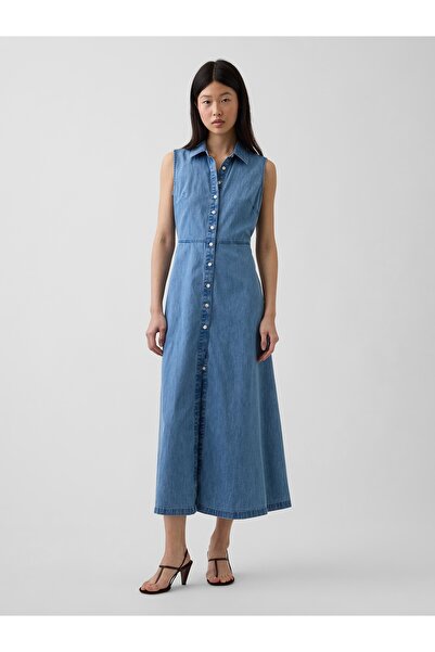 GAP Kadın Mavi UltraSoft Denim Maxi Gömlek Elbise