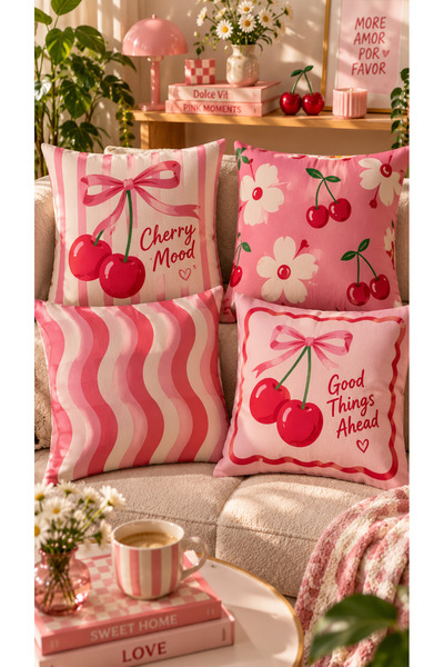 Nari Collections Kiraz Rüyası 4’lü Kırlent Kılıfı Seti – 43x43 cm Çift Tarafl...
