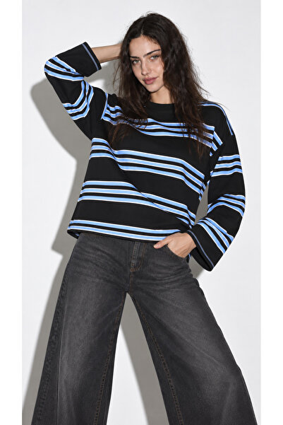 Yefrastore Kadın Siyah Mavi Beyaz Çizgili Bisiklet Yaka Oversize Sweatshirt