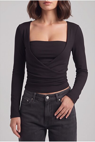 Nika Fashion بلوزة سوداء بأكمام طويلة وياقة مربعة ورباطات