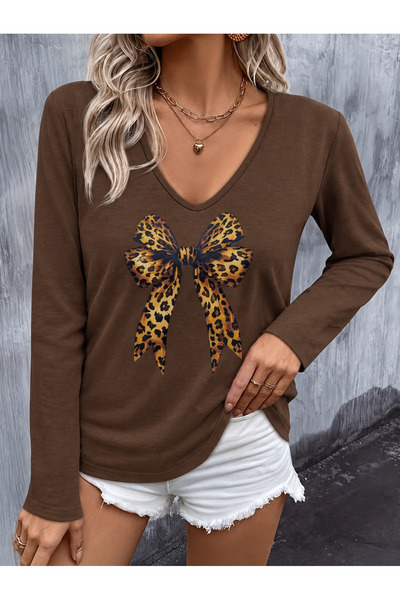 Generic Brand بلوزة نسائية بأكمام طويلة وياقة على شكل V ونمط شريط من القماش ا...