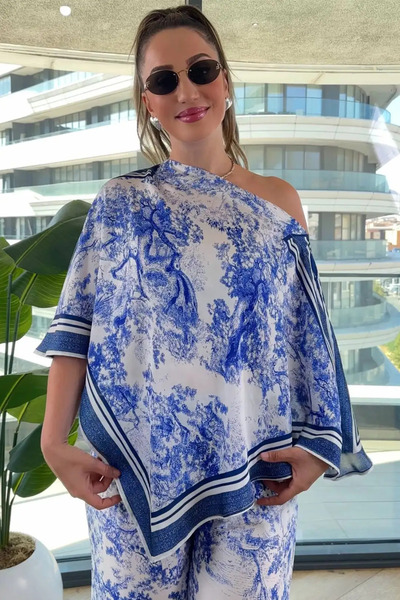 BRGCLOTHING Shawl Blouse Trousers Silk Satin Set