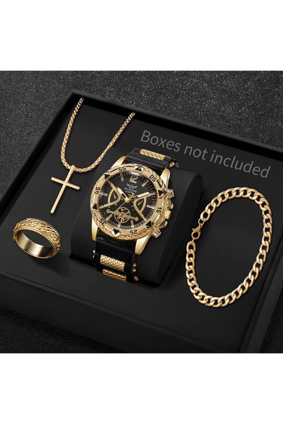 Choice Black Gold No Box 4PCS/Set Fashion Silicone Strap Men Quartz Wristwatc...