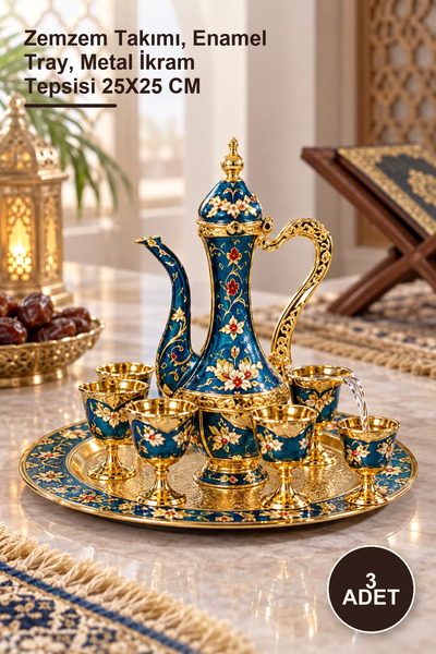 Yenilig 3-Piece Metal Enamel Zemzem Set – Zemzem Set, Enamel Tray, Metal Serv...
