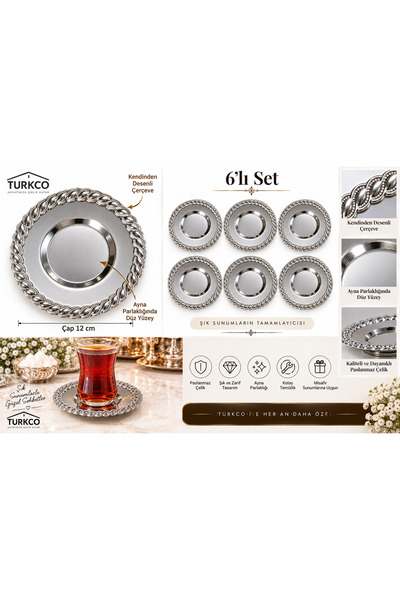 Turkco Sonsuzluk Serisi ∞ Premium Çay Tabağı 6’lı Set Ayna Parlak Paslanmaz Çelik 12 cm Gold