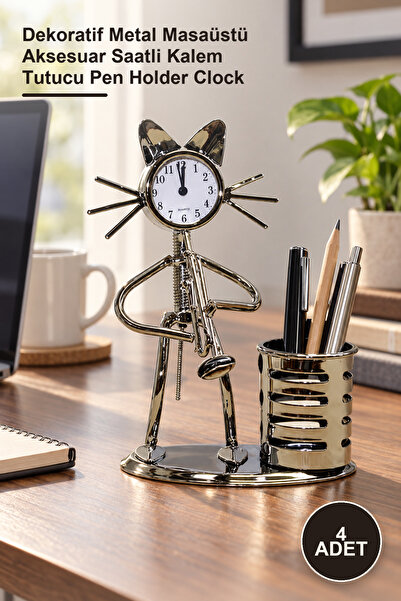 Yenilig 4 Pieces Metal Saxophone Playing Cat Musician Desk Clock and Pen Hold...