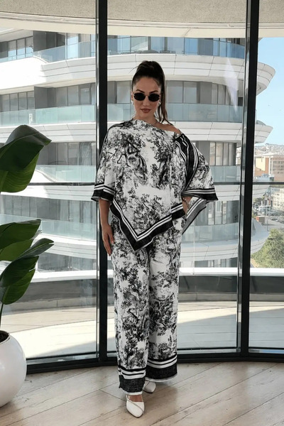 BRGCLOTHING Shawl Blouse Trousers Silk Satin Set