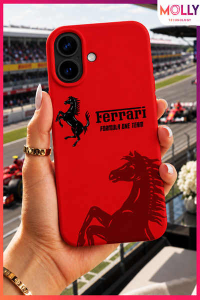 Molly iPhone 16 İçin Kırmızı Racing Horse Desenli İçi Kadife Silikon Kılıf