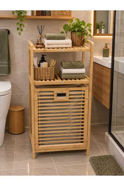 myegehome AHŞAP BAMBU KİRLİ ÇAMAŞIR SEPETİ 2 RAFLI BANYO DÜZENLEYİCİ ORGANİZERİ