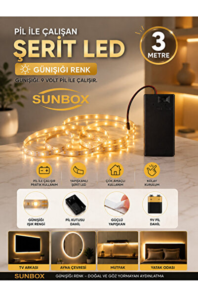 Sunbox Pilli LED Şerit 3 Metre – Günışığı – butonlu- Yapışkanlı Kablosuz Deko...