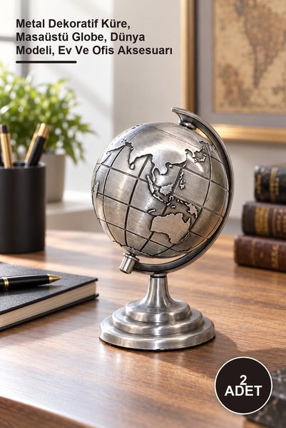 Yenilig 2 Adet Metal Dünya Küre – Metal Dekoratif Küre, Masaüstü Globe, Dünya Modeli, Ev Ve Ofis Aksesuarı
