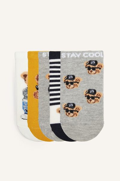 DeFacto Bear and Text Patterned 5-Piece Cotton Booties Socks for Boys I6823A8Ns