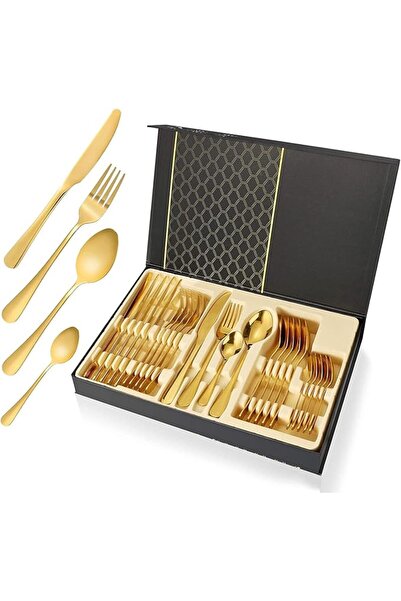 KASTWAVE Gold Silverware Set, 24 Pieces Stainless Steel Flatware Set Service ...