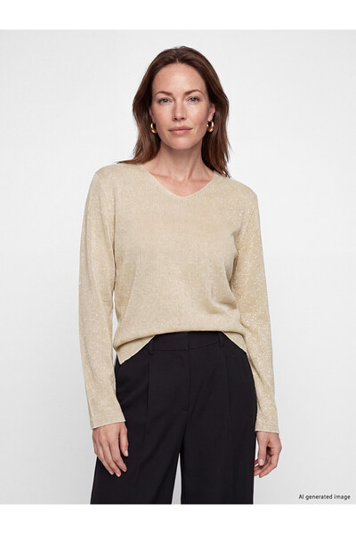 LC Waikiki Lcw Grace Ecru Knitwear Plain V-Neck Women's Sweater with Nevavm D...