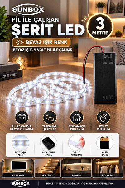 Sunbox Pilli LED Şerit 3 Metre – Beyaz Işık – butonlu- Yapışkanlı Kablosuz De...