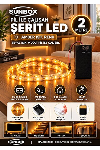 Sunbox Pilli yapışkanlı 2 Metre Amber Pilli Şerit Led (PİL HEDİYEDİR)