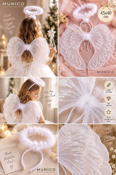 Munico Kız Çocuk Beyaz Peri Kanadı ve Taç Seti 45x40 cm Kelebek Kanatlı Kostü...