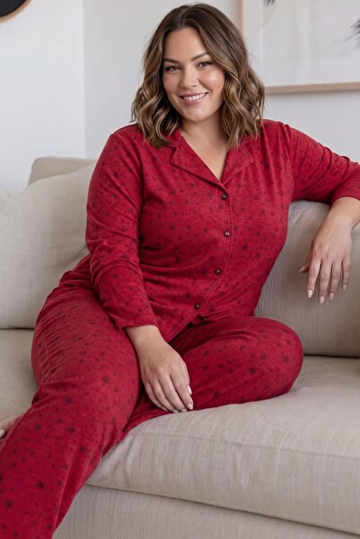 Pijamaevi Red Estrella Front Buttoned Oversized Suede Women's Pajama Set