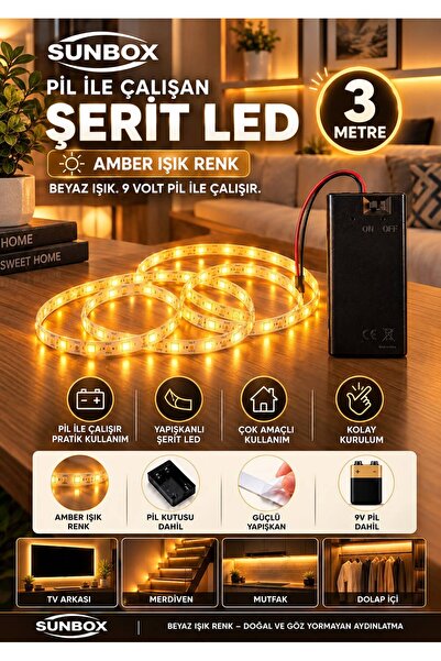 Sunbox Pilli LED Şerit 3 Metre – Amber – butonlu- Yapışkanlı Kablosuz Dekorat...