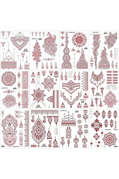 KASTWAVE 12 Sheets Brown Red Henna Style Temporary Stickers Kit, Peacock Lotu...
