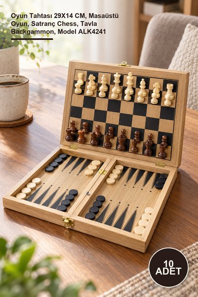Yenilig 10 Adet Ahşap Satranç Ve Tavla Seti – Oyun Tahtası 29X14 CM, Masaüstü Oyun, Satranç Chess, Tavla Backgammon, Model ALK4241
