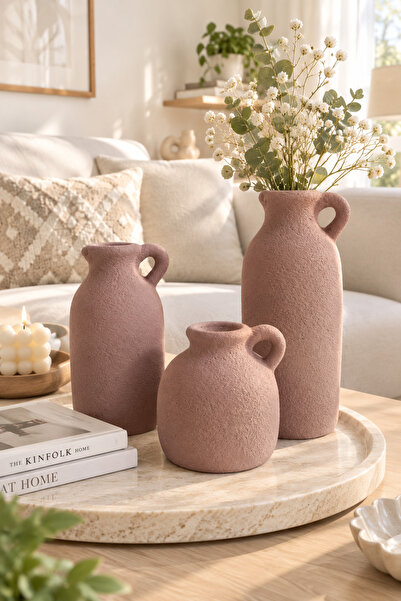 LALEZEN HOME 3LÜ TEK KULPLI VAZO SET - DEKORATİF OBJE