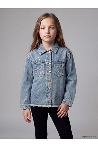 LC Waikiki Lcw Kids Indigo Denim Stoned Loose & Baggy Girls' Jean Jacket with...