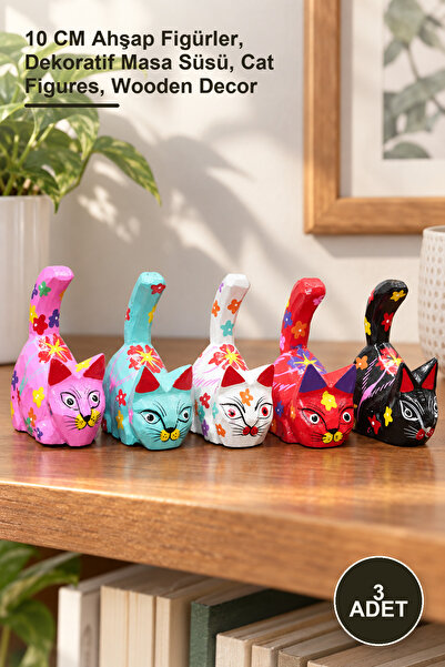 Yenilig 3 Piece Wooden Cat Figure Set – 10 cm Wooden Figures, Decorative Tabl...