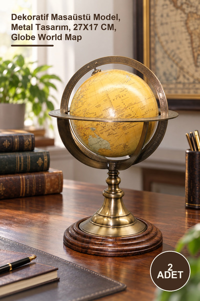 Yenilig 2 Adet Pirinç Dünya Küre – Dekoratif Masaüstü Model, Metal Tasarım, 27X17 CM, Globe World Map