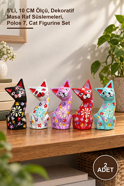 Yenilig 2 Piece Wooden Cat Figure Set – Set of 5, 10 cm Size, Decorative Tabl...