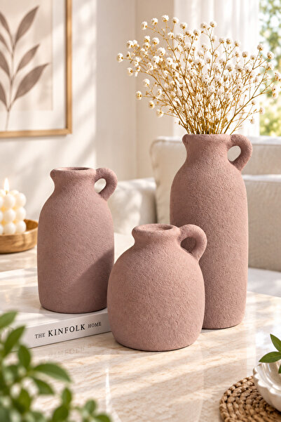 LALEZEN HOME 3LÜ TEK KULPLI VAZO SET - DEKORATİF OBJE