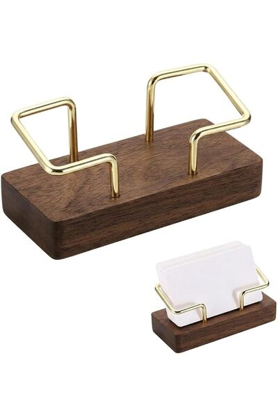 GENERAL Business Card Holder Stand with Golden Wire and Wooden Base, Modern D...