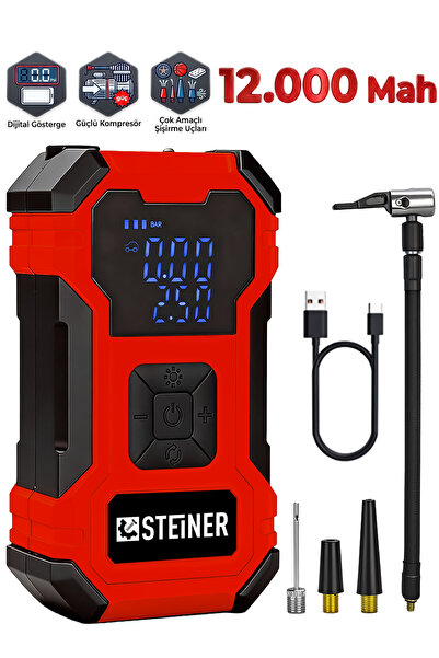 STEİNER 12.000 mAh Dijital Ekranlı Kablosuz Lastik Hava Pompası Şarjlı Hava K...