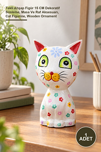 Yenilig 1 Piece Wooden Cat Figure – Single Wooden Figure 15 cm Decorative Orn...