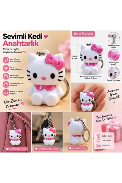 ofisdizayn Hello Kitty Sevimli Kedi Anahtarlık Pembe Fiyonklu 3D Baskı Çanta ...